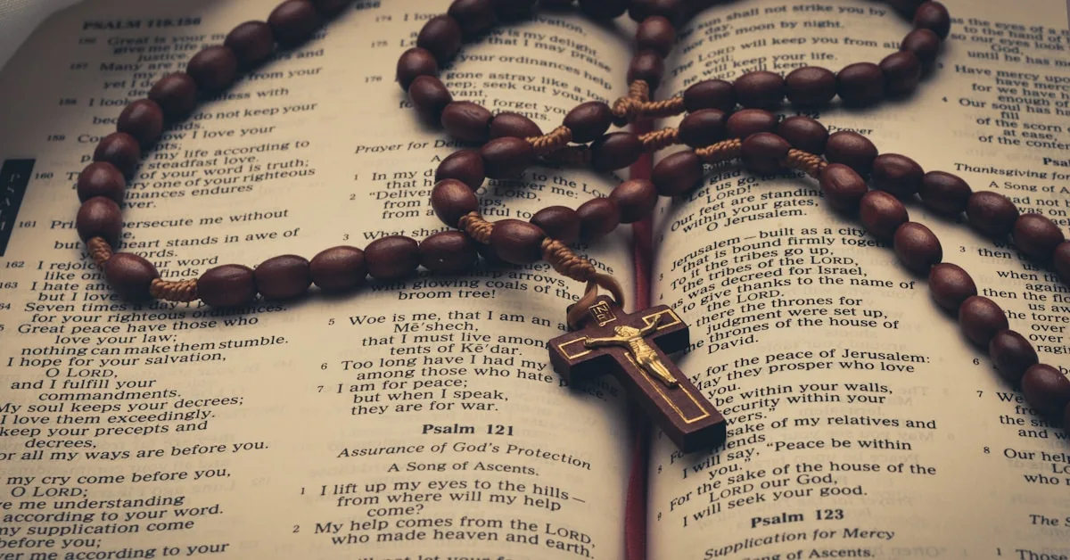 Terço de contas clássicas sobre as páginas abertas da Bíblia Sagrada